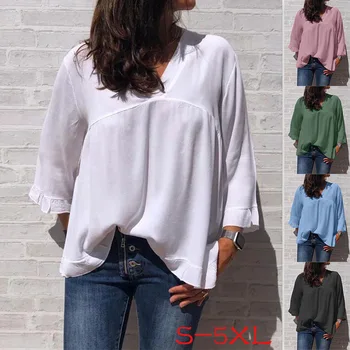 

Ruffles Solid V-neck Tunic Blouse Women Summer Three Quarter Sleeve Casual Blouses Female 2020 Korean Loose Fashion Womens Top