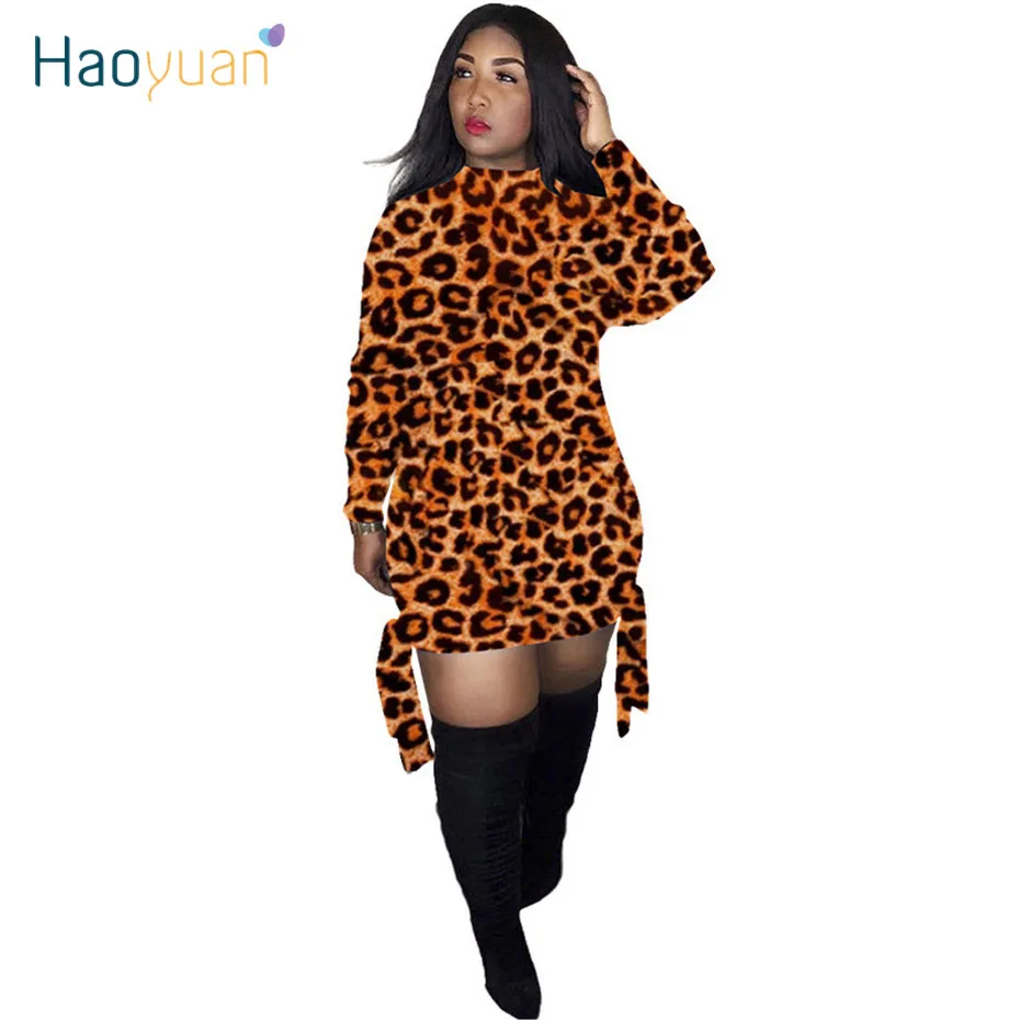 

HAOYUAN Leopard Cheetah Print Dress Women Vestidos Plus Size Fall Clothing Bodycon Mini Party Dresses Long Sleeve T Shirt Dress