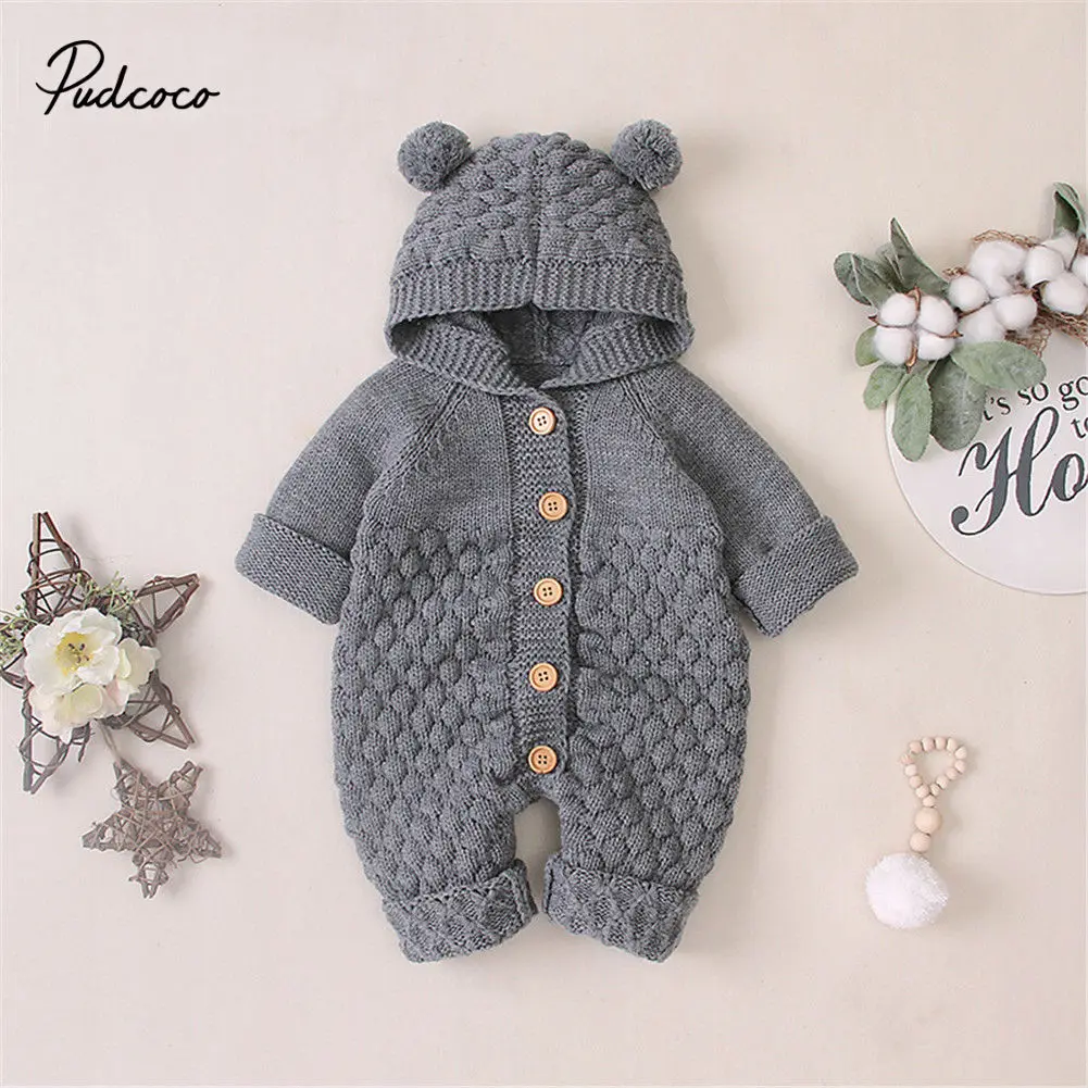 

Baby boy girl Clothes 2019 New born Winter Hooded Rompers Knitted Cotton Outfit Newborn Jumpsuit Children Costume toddler romper