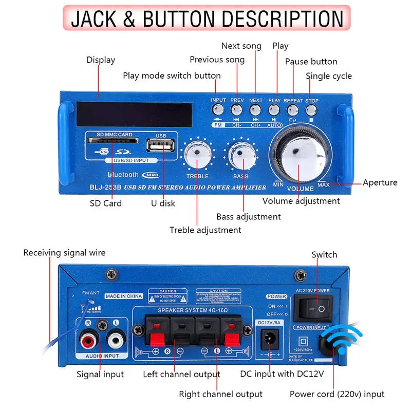  600W Audio Power Amplifier with EU Plug 12/220V 2 Channel Mini HIFI Wireless Bluetooth Digital Audi