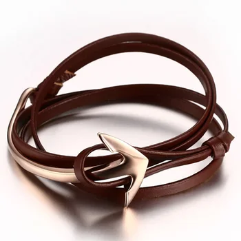 

New Popular Bracelets Multi-Layer Leather Rope Bracelets Stainless Steel Anchor Buckle Hand Chain Leather Wrap Bracelet for Male