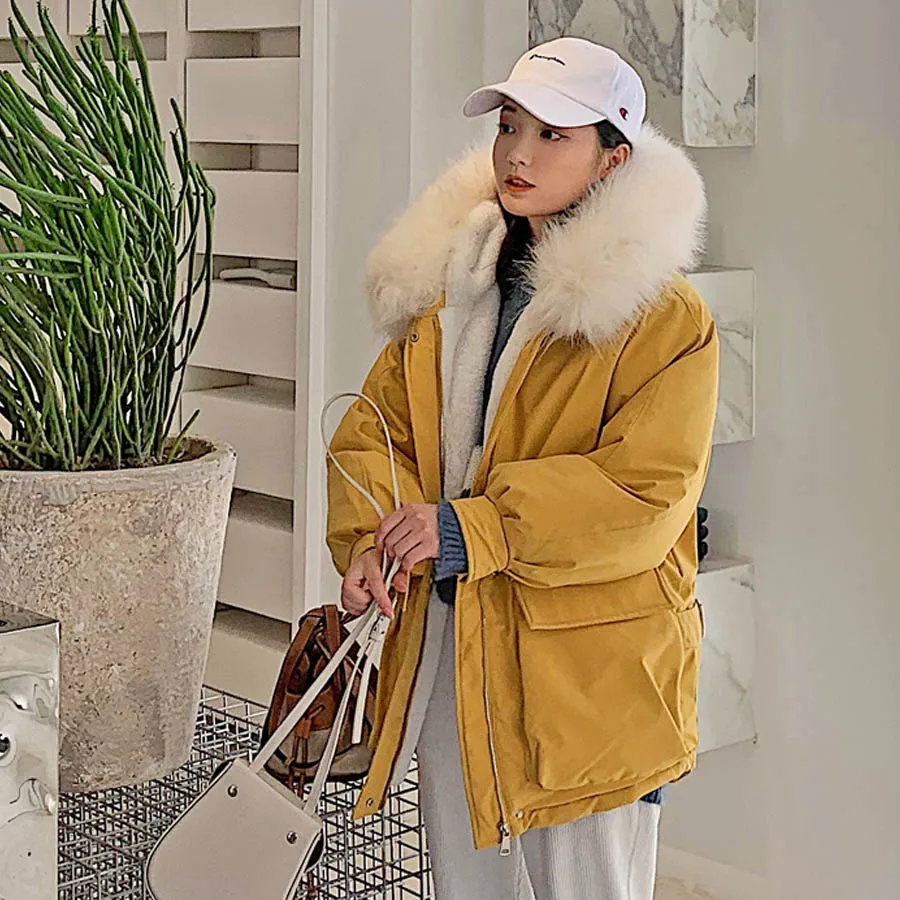 Yellow Зимнее пальто для женщин Модная хлопковая стеганая теплая утепленная Короткая Повседневная куртка Женский меховой воротник парка с капюшоном верхняя одежда для женщин - Цвет: Yellow