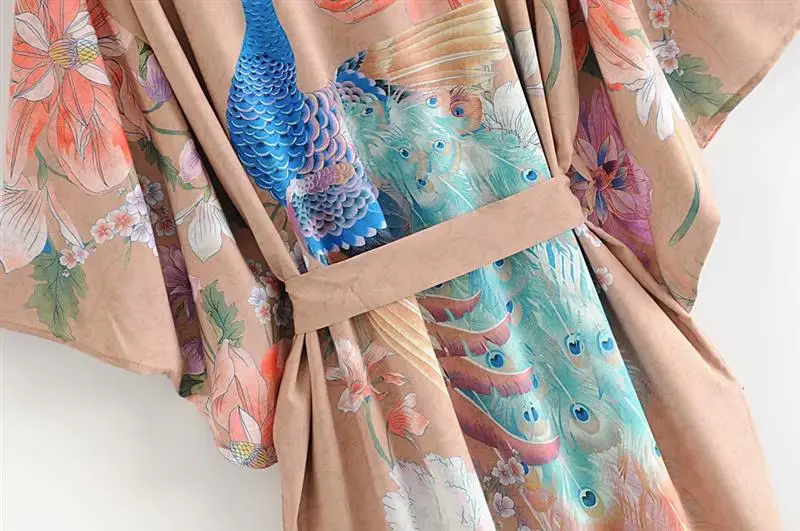 Винтаж с цветочным принтом павлина длинное кимоно кардиган летние топы с длинными рукавами Свободные Boho блузка, женские рубашки пикантные пляжные Gypsy кимоно
