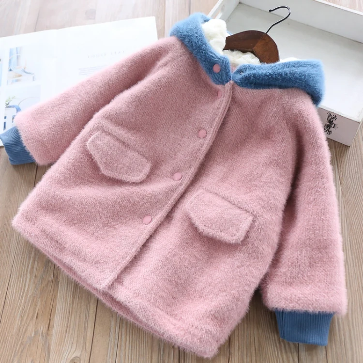 

Girls wool coat thickening warm outerwears with hoodies winter kid clothes Woolen jacket female children jackets