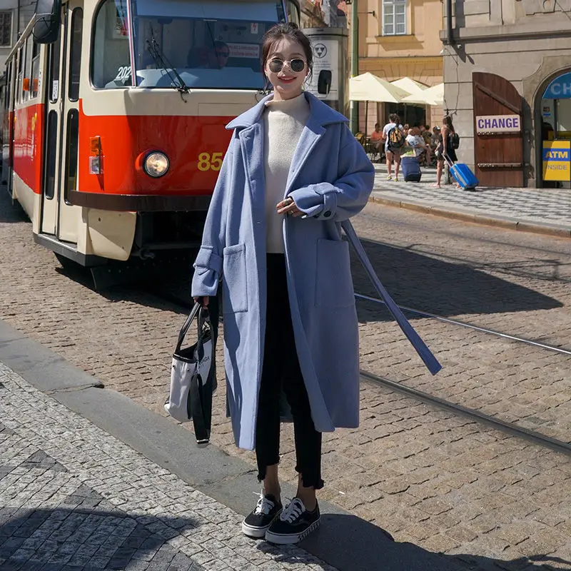JuneLove зимнее женское однотонное элегантное шерстяное пальто винтажное женское ТРАПЕЦИЕВИДНОЕ пальто с карманами и поясом Повседневная Женская однобортная верхняя одежда - Цвет: blue