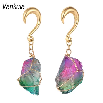 

Vankula new arrival irregular natural stone ear plugs dangle ear tunnel stainless steel gold ear weight hook body piercing