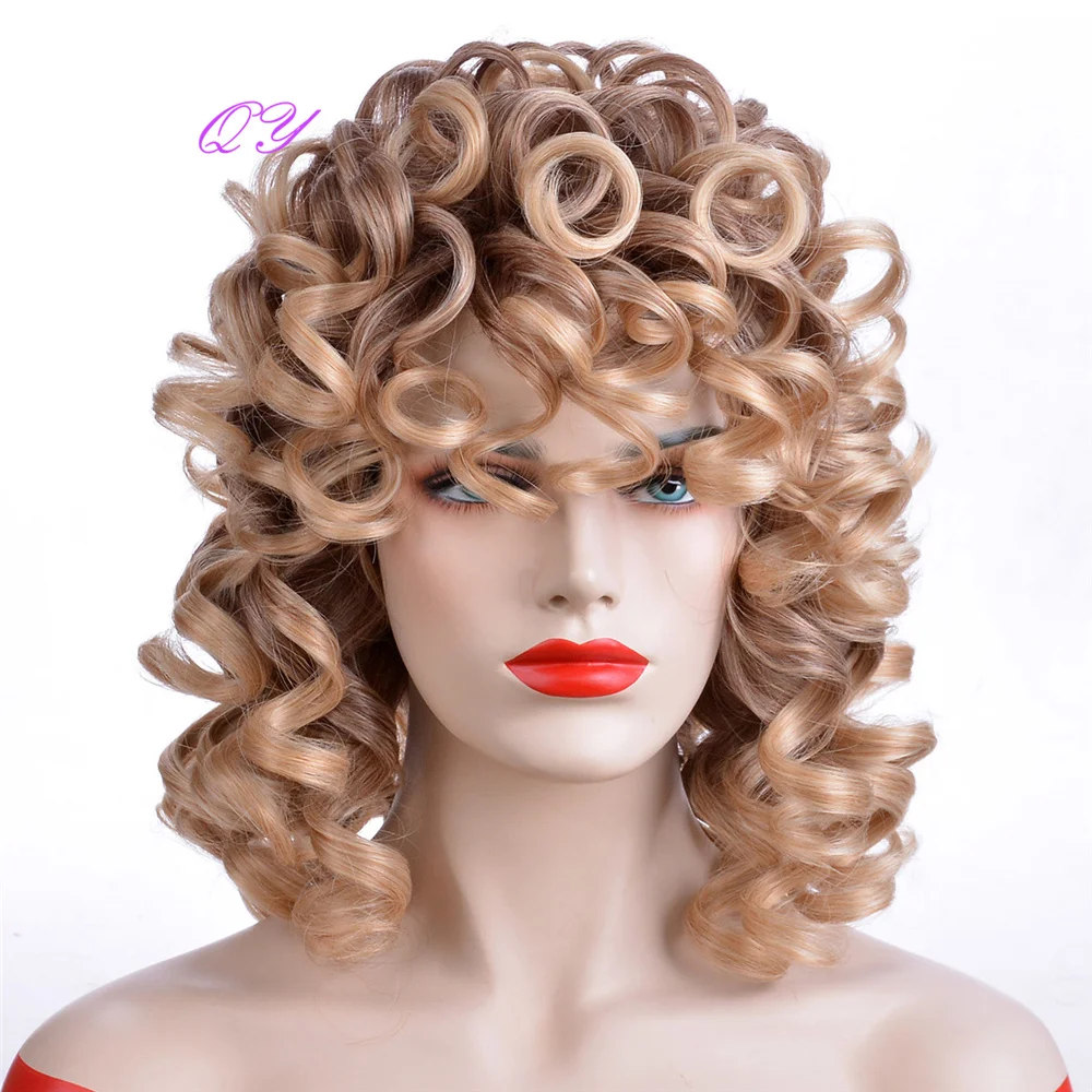 QY Synthetic Hair Middle Length Ombre Blonde Wigs With Bangs Loose Wave Wigs For Women Synthetic Fluffy Hair