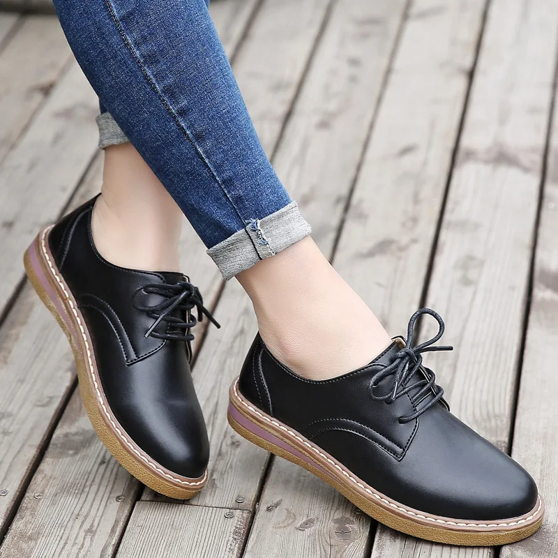 Zapatos planos de estilo británico para mujer, zapatillas informales con cordones de cuero genuino, novedad AliExpress Calzado