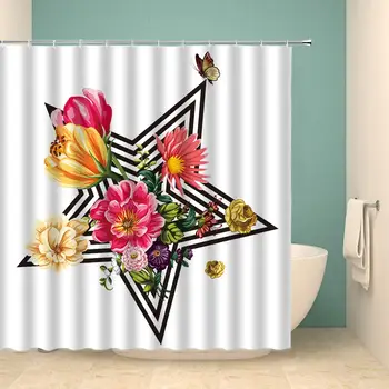 

Flower Shower Curtain Set Butterfly Spring Theme Five-Pointed Star Zigzag Stripes Watercolor Home Bathroom Decoration 70×70 Inch