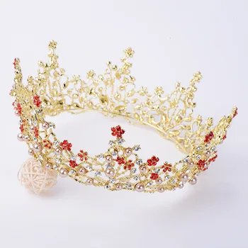 

Baroque Vintage Round Crown 2020 Fashion Bridal Tiaras Wedding Hair Accessories Red Pink Crystal Pearl Bride Crown Hairband