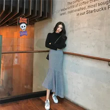 Высокая талия в клетку шерстяное длинное пальто Для женщин юбка в виде хвоста русалки элегантные модные зимние теплые юбки-трубы Повседневное женская одежда DS50915