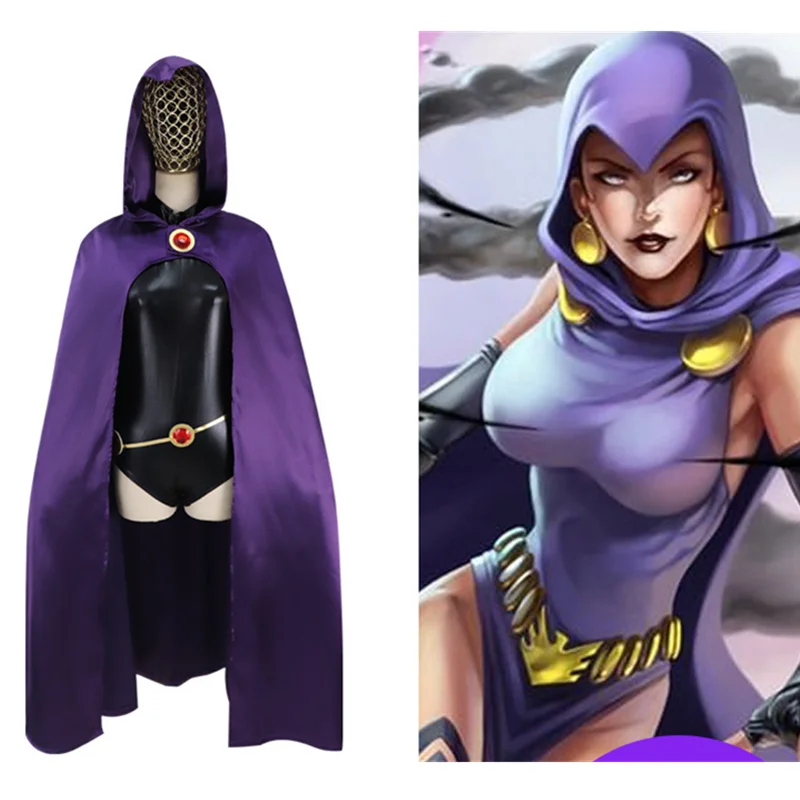 

Teen Titans Raven Cosplay Costume Women Zentai Jumpsuits Cloak Halloween Party Superhero Cosplay Clothing