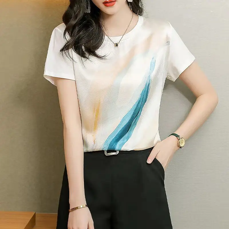 Summer season Ladies Informal Print Patchwork Satin Shirt Trend Tops Tees Rayon T-shirts O-Neck Unfastened O-Neck Brief Sleeve Tshirts 13 Hba82722c39044f6b8d614b1445f068c47