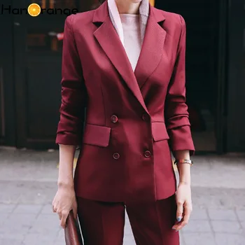 

Dignified Pant Suits Autumn Double Breasted Blazer + Ankle Length Button Fly Pants 2 Pieces Set