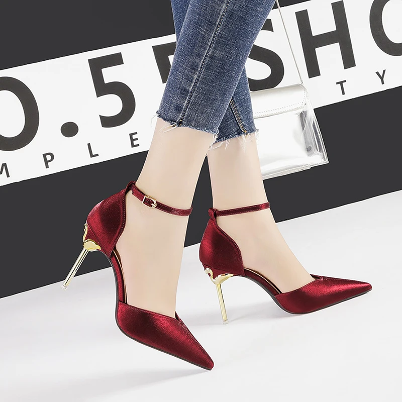 

high heels sexy red sandals party shoes woman shallow buckle pointed toe chaussures femmes nouveau 2019 buty damskie NO.55 Shoes