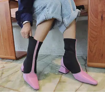 

Sexy Chunky High Heels Women Ankle Boots Fashion Patchwork elastic fabric Pink Booties Runway Slip On Winter Spring Ankle Boots