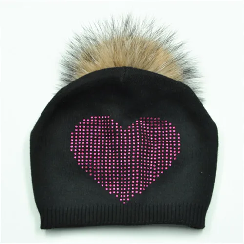 Black 2 natural fur Шапки с меховым бомбоном Кепки Pom Poms зимняя женская шапка для девочек стразы женские шапки, вязанные шапки бини шапки Кепки Фирменная новинка, плотная женская меховая Шапки - Цвет: Black 2 natural fur
