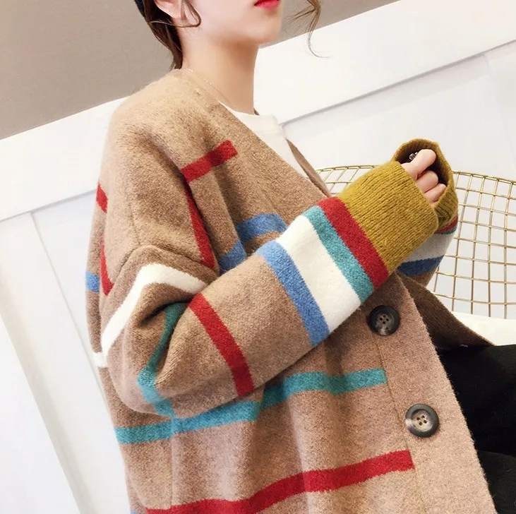 Autumn New Style Multi-color Stripe Sweater Large Size WOMEN'S Cardigan Sweater WOMEN'S Coat Versatile Mixed Colors Korean