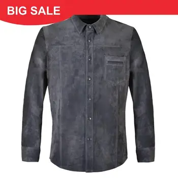 

2020 Grey Men Fashion Casual Leather Shirt Single Breasted Plus Size XXXXL Genuine Thin Sheepskin Spring Slim Fit Natural Shirt