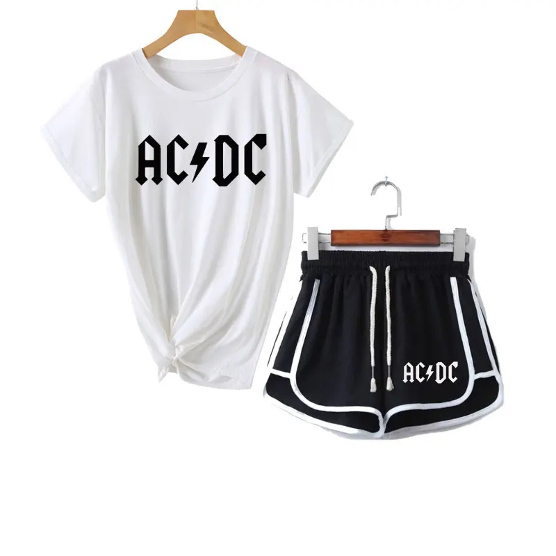 Лето,, женские футболки AC/DC+ шорты, комплект из двух предметов, повседневный спортивный костюм, новинка, мужская повседневная футболка, комплект с брюками для фитнеса - Цвет: white