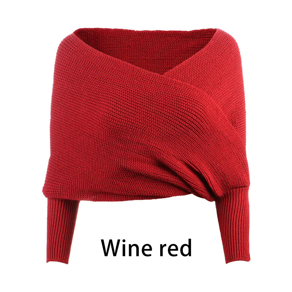 Wine Red 1 шт., женский свитер, шали, шарф, сексуальный v-образный вырез, вязанный, с открытыми плечами, с длинным рукавом, свободные, большие, шарфы, зимняя теплая одежда - Цвет: Wine Red