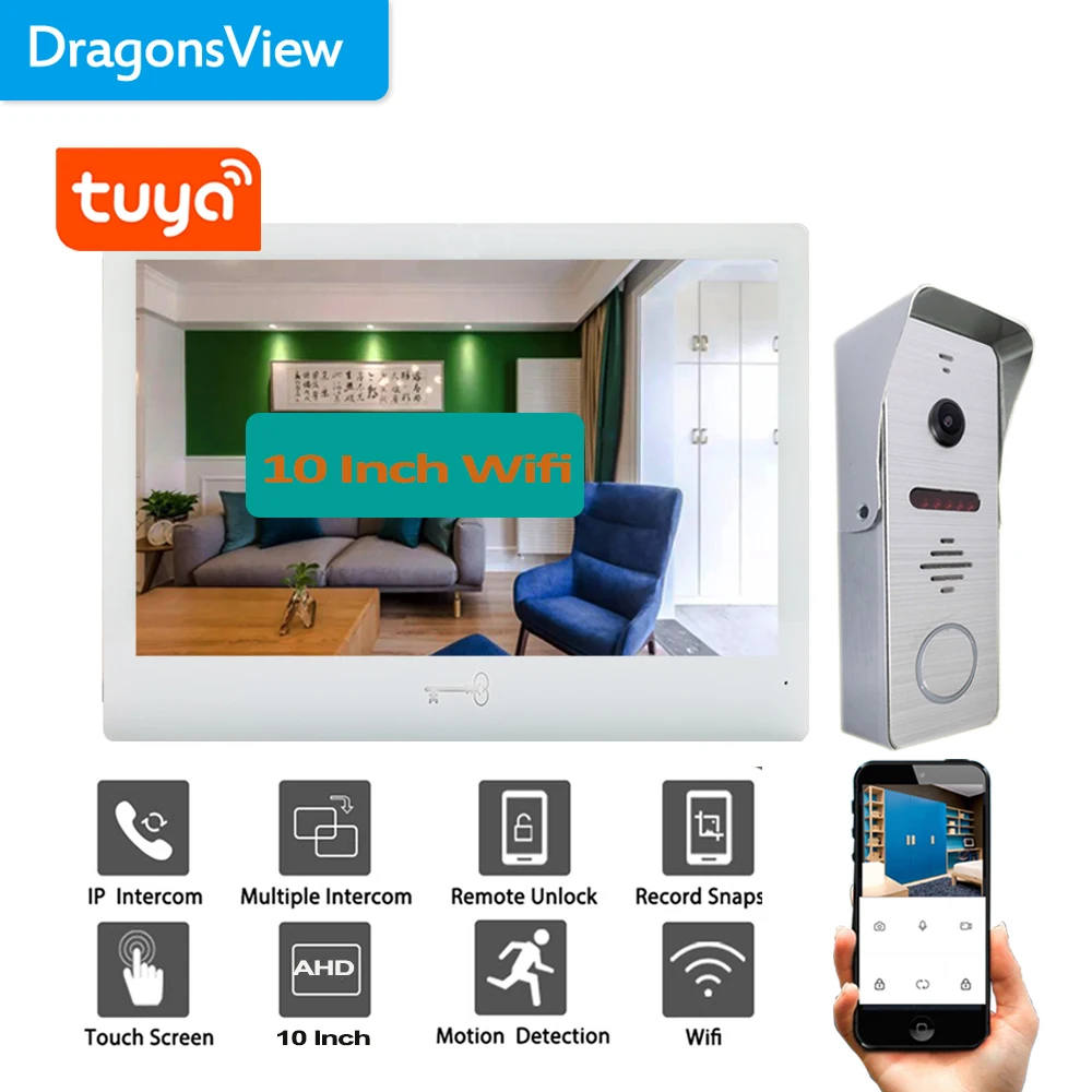 intercom with screen Dragonsview  10" Color Video Door Phone Wifi Wireless Video Intercom System Tuya App Mobile Unlock Monitor Day Night IR video intercom doorbell Door Intercom Systems