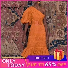 Beigerfayl лето рукав-фонарик с оборками подол одно плечо платье для женщин полиэстер сплошной Белый Желтый Вечерние платья TDR19478