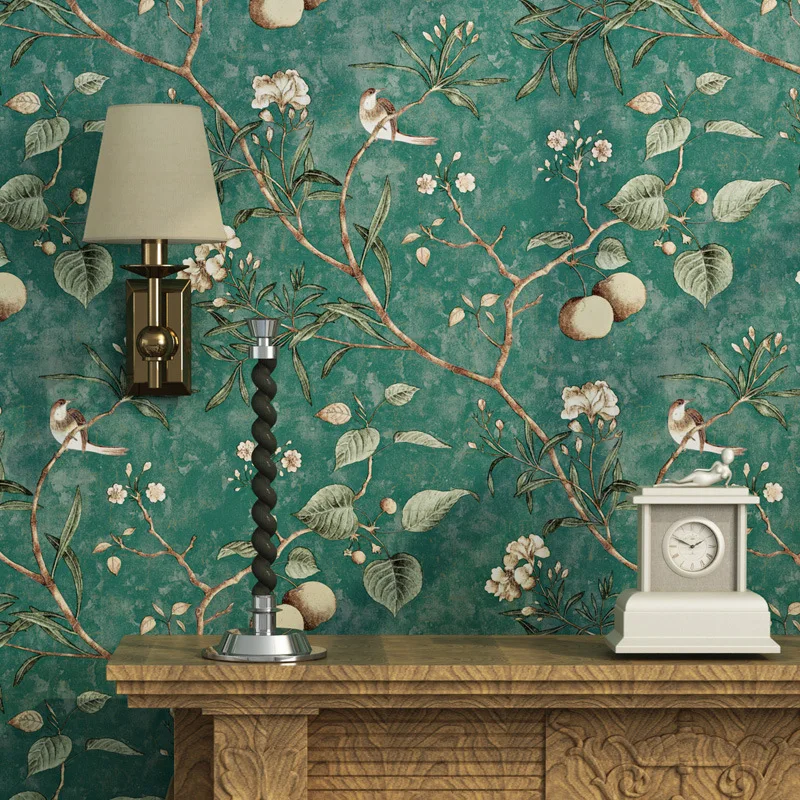 53cmx10m Apple Tree Wallpaper Retro Flower Bird Wallpaper Bedroom Living Room Background Non-woven Pastoral Wallpaper apple tree yard