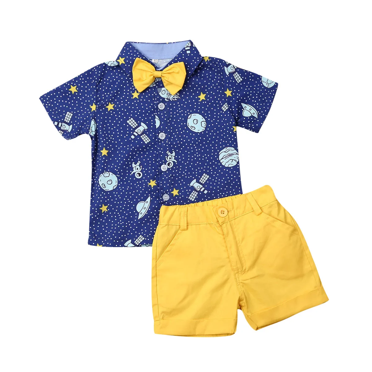 Летний Костюм Джентльмена на свадьбу для маленьких мальчиков мультяшный галстук, рубашка с короткими рукавами+ шорты комплекты одежды, От 0 до 5 лет - Цвет: Цвет: желтый