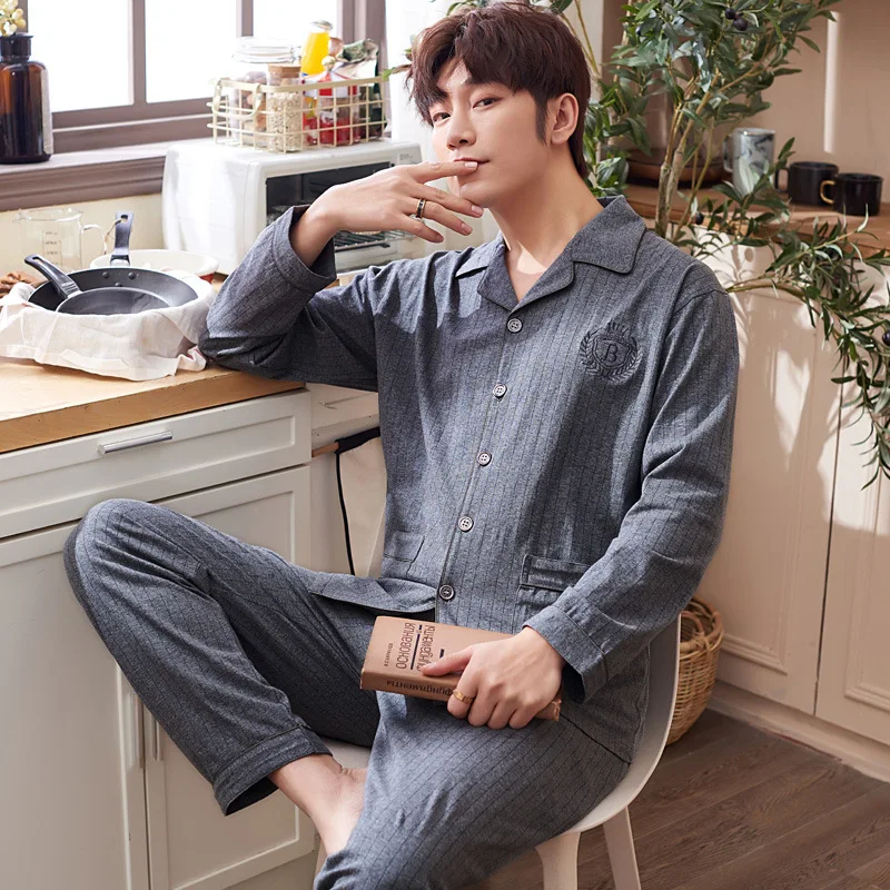 

Pajama men spring and autumn cotton long sleeve youth cotton autumn and winter style middle-aged dad casual home wear suit