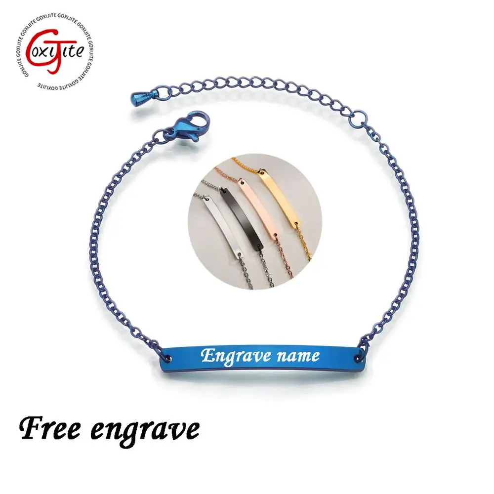 

Goxijite Stainless Steel Custom Name ID Bar Bracelet For Women Five Color Initial Charm Bracelets Engrave Jewlery Gift