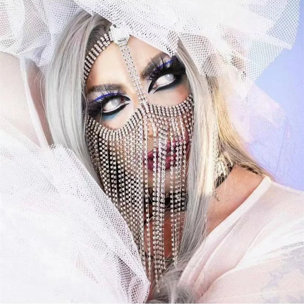 

Novelly Rhinestone Long Tassel Veil Masks Face Jewelry for Women Sexy Big Square Crystal Cover Face Accessories Decoration Mask