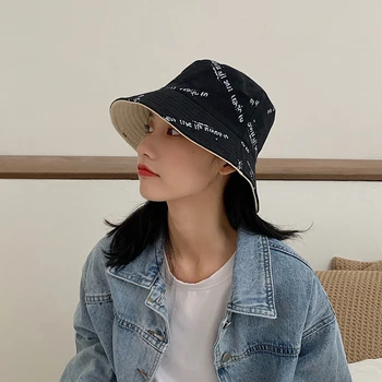

2020 new summer double-sided fisherman hat letter embroidery casual wild pot hat sunscreen sun hat women