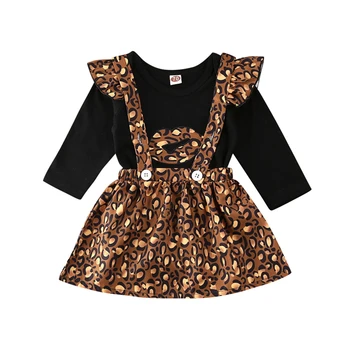 

2Pcs Toddler Baby Girl Clothes Long Sleeve Romper Bodysuit Tops Ruffles Leopard Strap Skirt Outfit Set