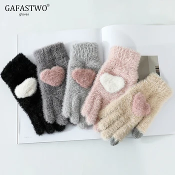 

Women Gloves Winter Plus Velvet Touch Screen Fashion Love Pattern Imitation Mink Down Outdoor Cycling Finger Warm Knit Gloves