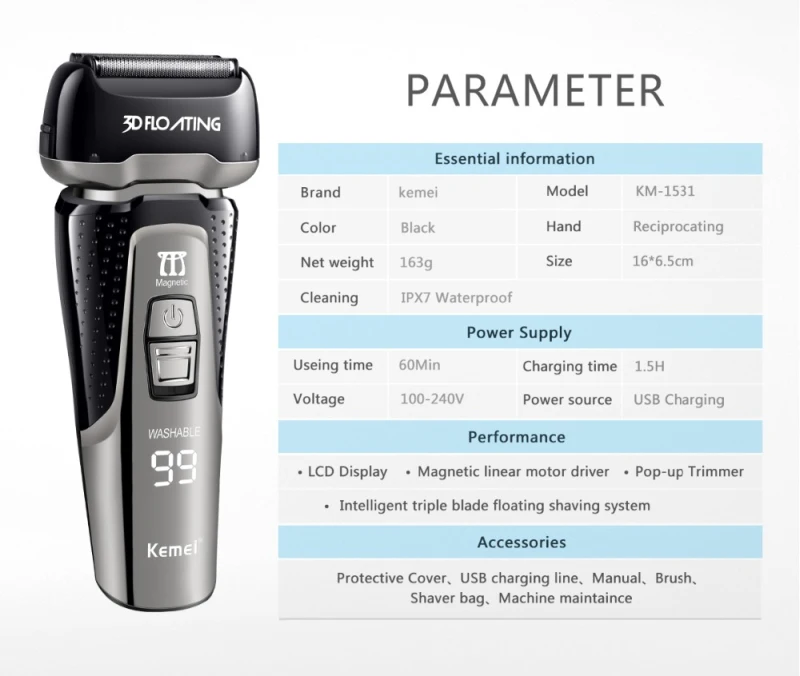 Kemei бритвенный станок для мужчин, для лица, волос, бороды, бритва, триммер, для мытья всего тела, возвратно-поступательное, с тремя лезвиями, Мужская бритва, KM-1531