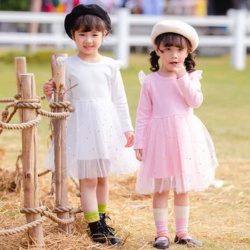 

2020 Girl's New Mesh Splicing Children's Yarn Skirt Long Sleeve Star Princess Skirt Girl's Dress Kids Dresses for Girls