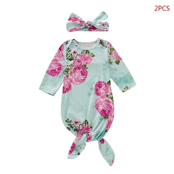 

2 Pcs/set Baby Girls Nightgown Newborn Swaddle Bow-knot Headband Set Infants Photography Props Bathing GiftsBaby wrap headban