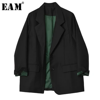 

[EAM] Women Black Brief Temperament Blazer New Lapel Long Sleeve Loose Fit Jacket Fashion Tide Spring Autumn 2020 1H455