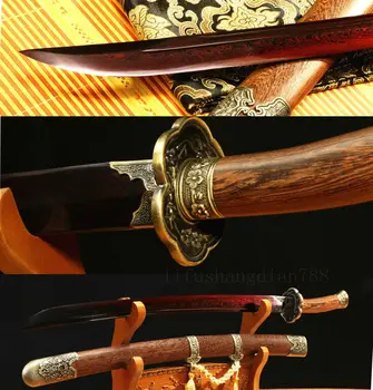 

SHARP DAMASCUS FOLDED STEEL RED FLOWER FUCHI HANDMADE CHINESE SWORD ROSE WOOD