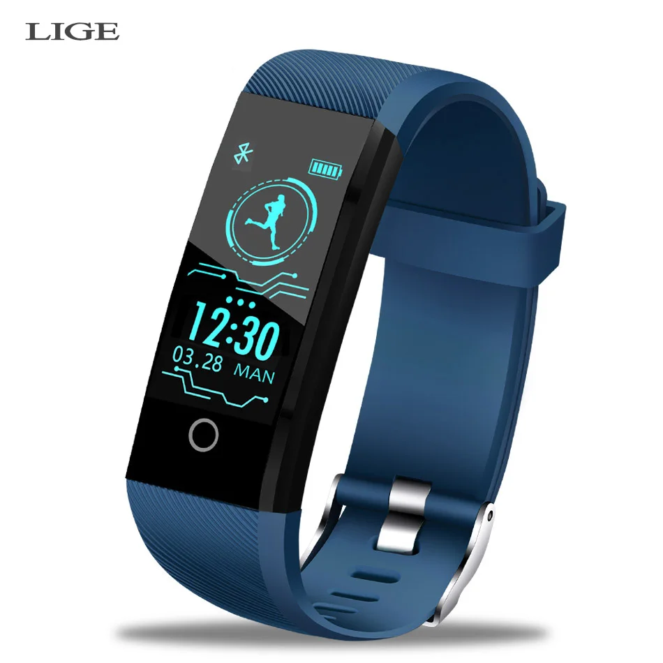LIGE смарт-браслет устройство слежения за кровяным давлением фитнес-Отслеживание IP68 водонепроницаемый смарт-браслет для мужчин wo для iPhone - Цвет: Blue