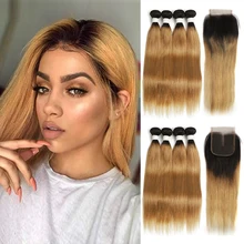 

T1B/27# 4PCS Ombre Blonde Bundles With Closure 4x4 SOKU Brazilian Straight Human Hair Weave Bundles With Lace Closure Non-Remy