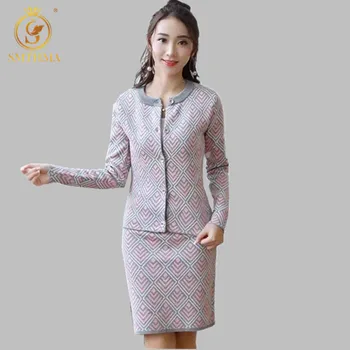 

SMTHMA 2019 two piece set Women high quality Winter Geometric Pattern Long-sleeve Single Breasted Cardigans +2 piece Skirt Set