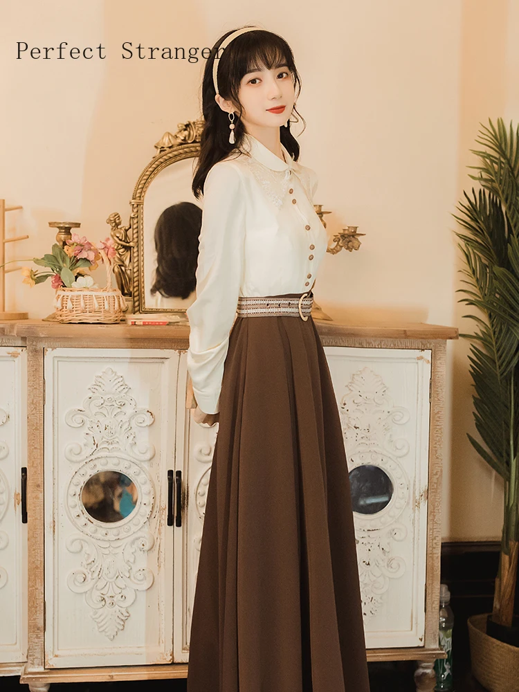 Retro Hot Sale High Quality Autumn New Arrival Peter Pan Collar Lace Color Block French Style Women Long Dress