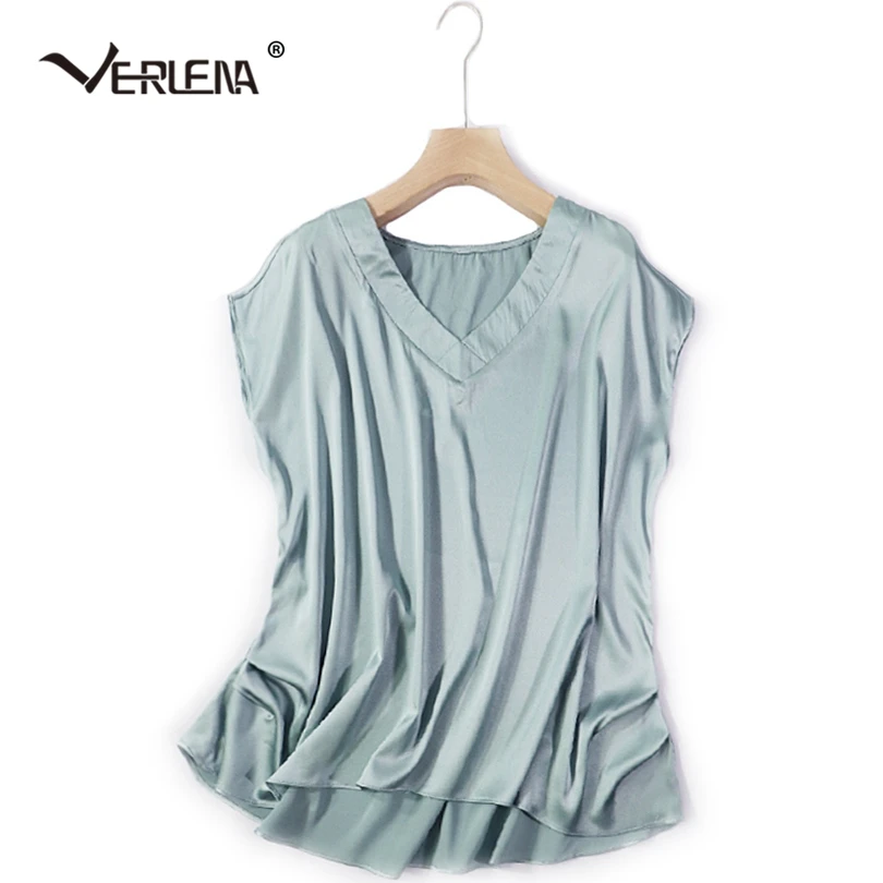

Verlena 100% Silk White Vintage T Shirt Women Plus Size XXL Streetwear Korean Style Short Raglan Sleeve V-Neck Tshirt Tops 2019