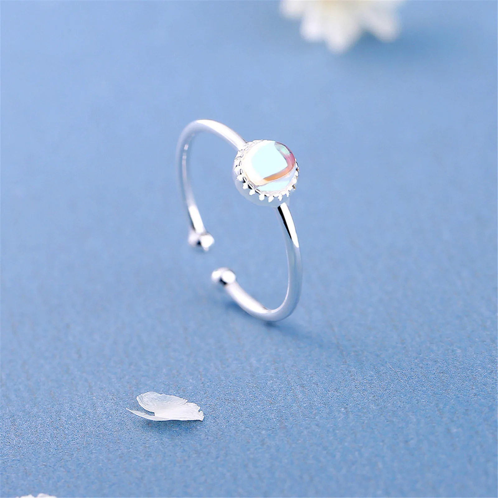 

Mini Ring Open Resizable for Women Moonstone White Stone Jewelry Sterling 925 Silver Bague Argent Pierre de Lune Blanche