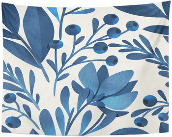 

Tapestry Blue Leaf Watercolor Floral Pattern on Botanical Berries Bloom Tapestries Wall Hanging for Living Room Bedroom Dorm