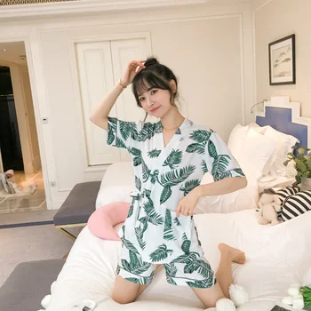 

Summer Women's Pajamas Sets Female Casual Japanese Style Plant Print Short Sleeve Turn Down Collar Ice Silk Homewear Suits