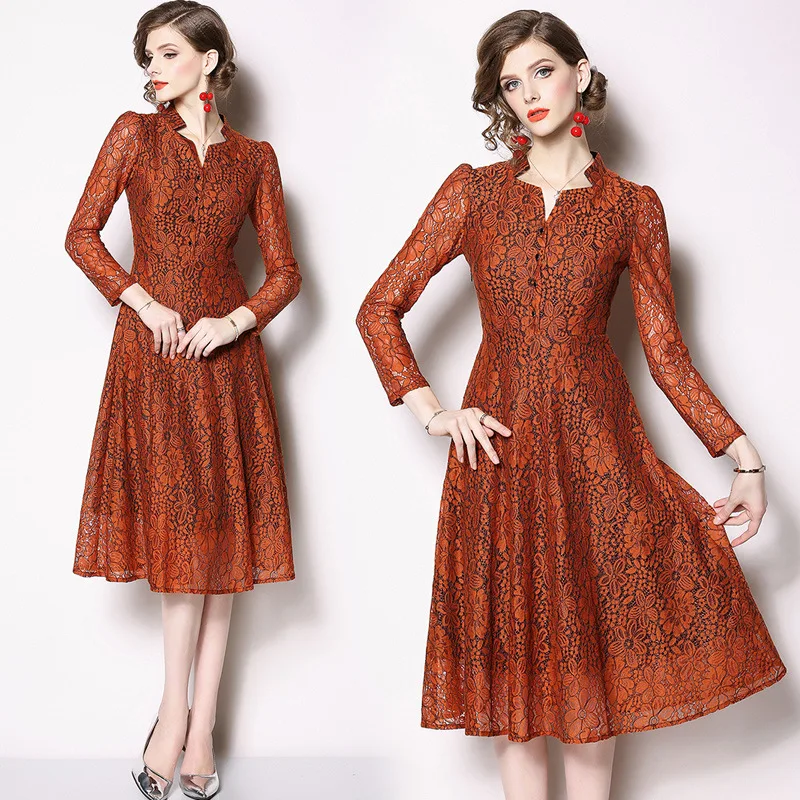 

2019 Spring And Autumn New Style Ozhouzhan New Style High-End WOMEN'S Dress Lace Hollow out Ninth Sleeve Dress Explosion