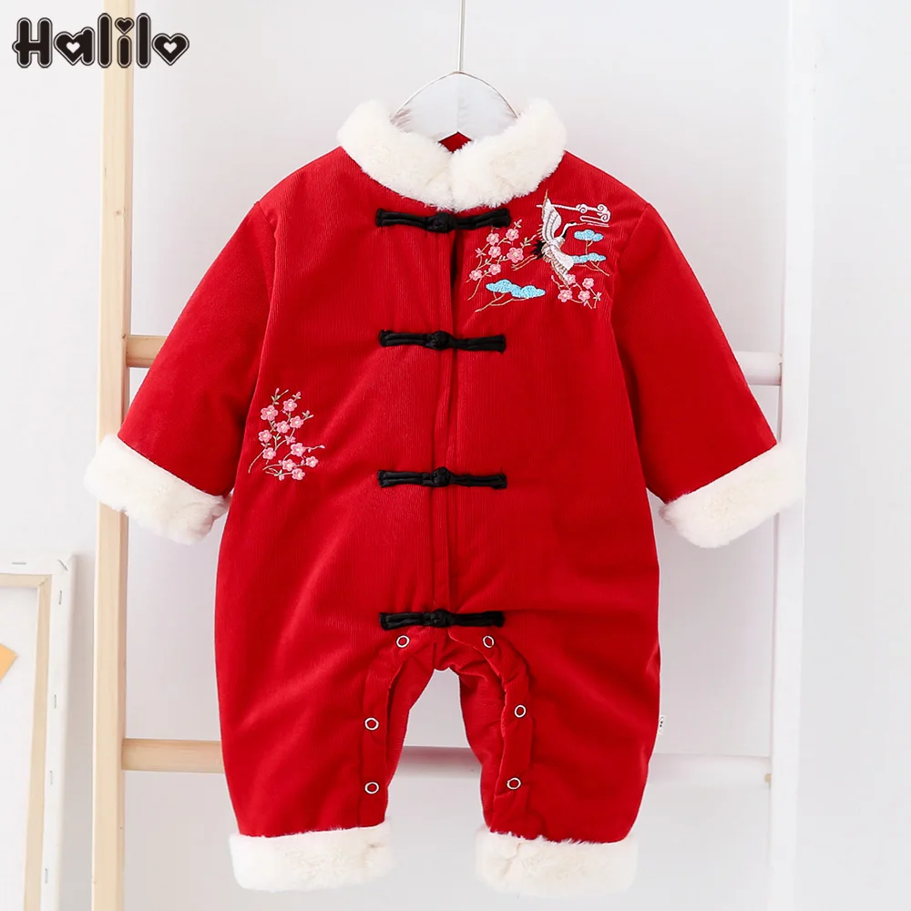 Halilo/новогодний комбинезон для малышей в китайском стиле; красный бархатный зимний комбинезон с вышивкой для маленьких девочек; коллекция года; Одежда для младенцев; комбинезон для мальчиков